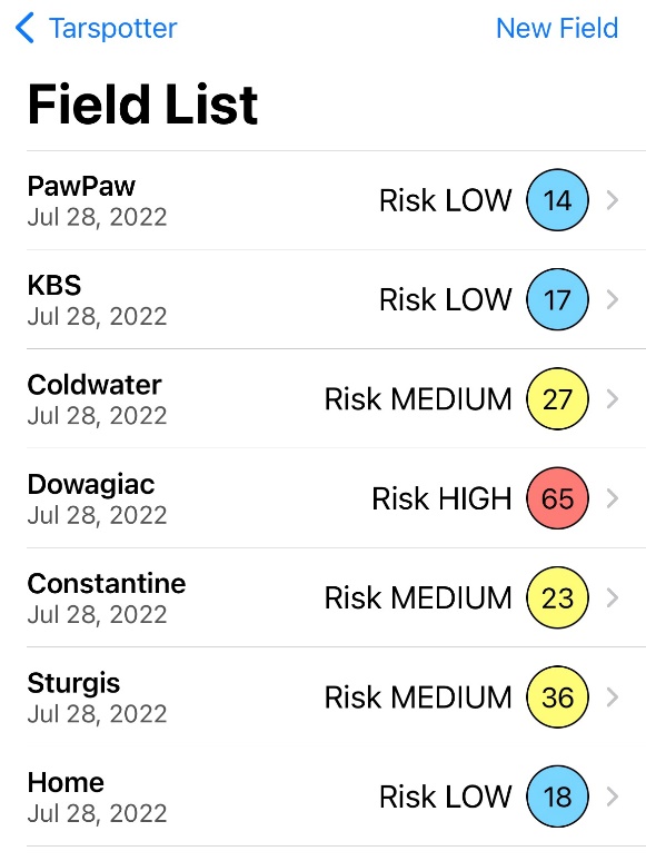 Current risk of tar spot in corn is low to medium throughout much of the southwest region according to the Tarspotter app.